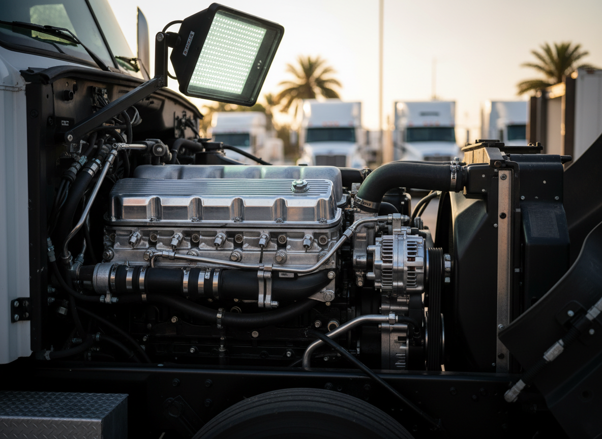 A close-up, photographic view of a powerful diesel engine in the open bay of a heavy-duty truck, parked in an outdoor industrial lot in Central Florida. The engine components—belts, hoses, polished metal covers, and textured rubber—are clean, detailed, and partially illuminated by a mounted LED work light attached to the open side compartment of a nearby mobile service vehicle. Late afternoon sun creates a warm, directional glow, while the work light adds crisp highlights and defined shadows on bolts and fittings. The composition uses shallow depth of field, with the engine in razor-sharp focus and blurred silhouettes of other trucks and palm trees in the distance. The mood is professional, technical, and trustworthy, emphasizing on-site diesel repair without any mechanics or human figures present.
