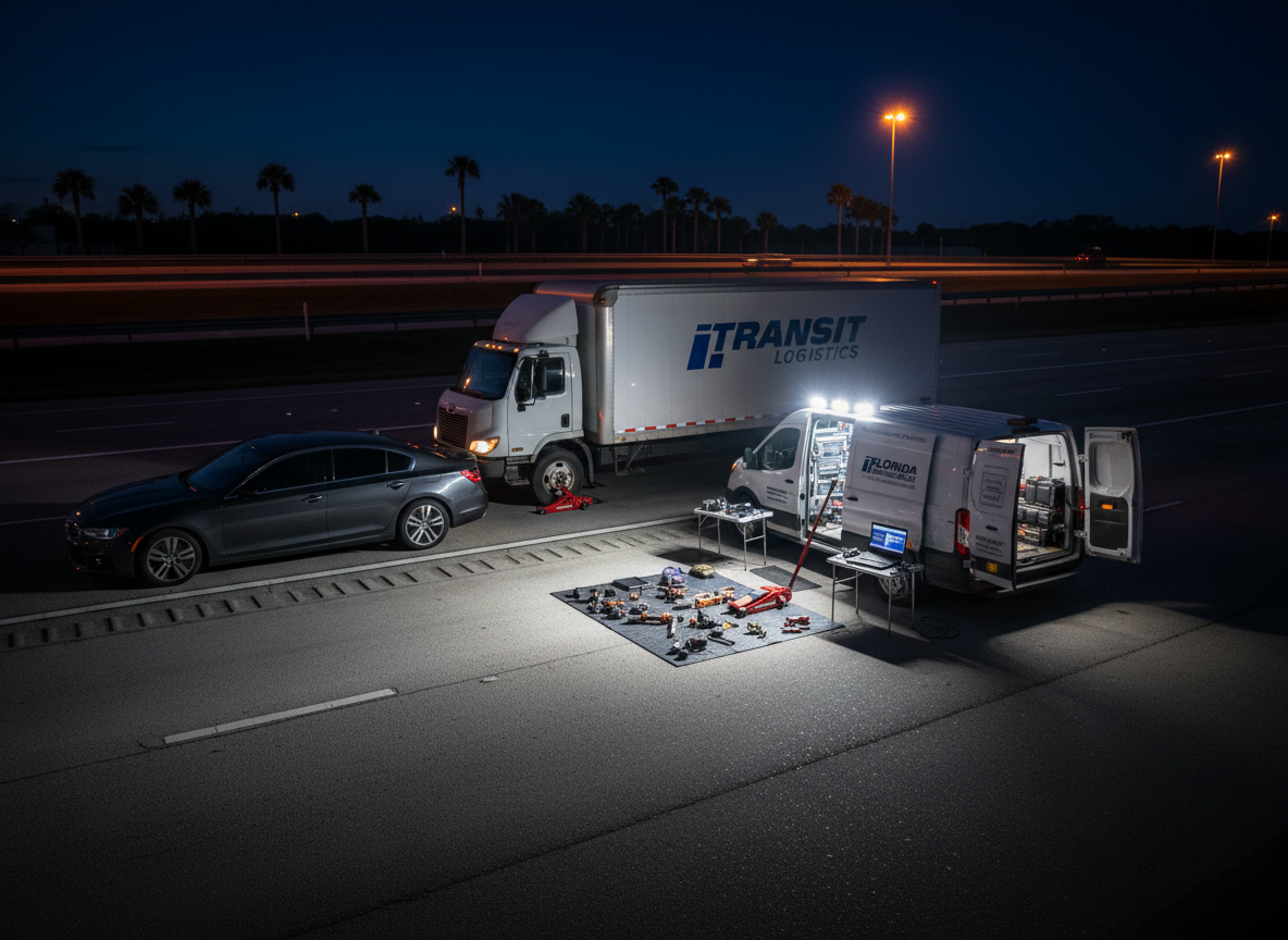 A night-time roadside scene in Central Florida where a sleek dark-colored sedan and a large box truck are safely pulled onto a wide shoulder, illuminated by the focused beams of a compact white mobile mechanic van. The van’s built-in LED floodlights cast a bright, cool light on scattered tools, a portable jack, and diagnostic equipment neatly arranged on the asphalt, while the background recedes into soft darkness with faint highway lights and palm tree silhouettes. The composition is shot from a slightly elevated angle, emphasizing the pool of light as a safe workspace surrounded by night. The mood is calm, secure, and highly professional, conveying 24/7 emergency automotive and trailer service in a realistic, photographic style, with no people visible anywhere.