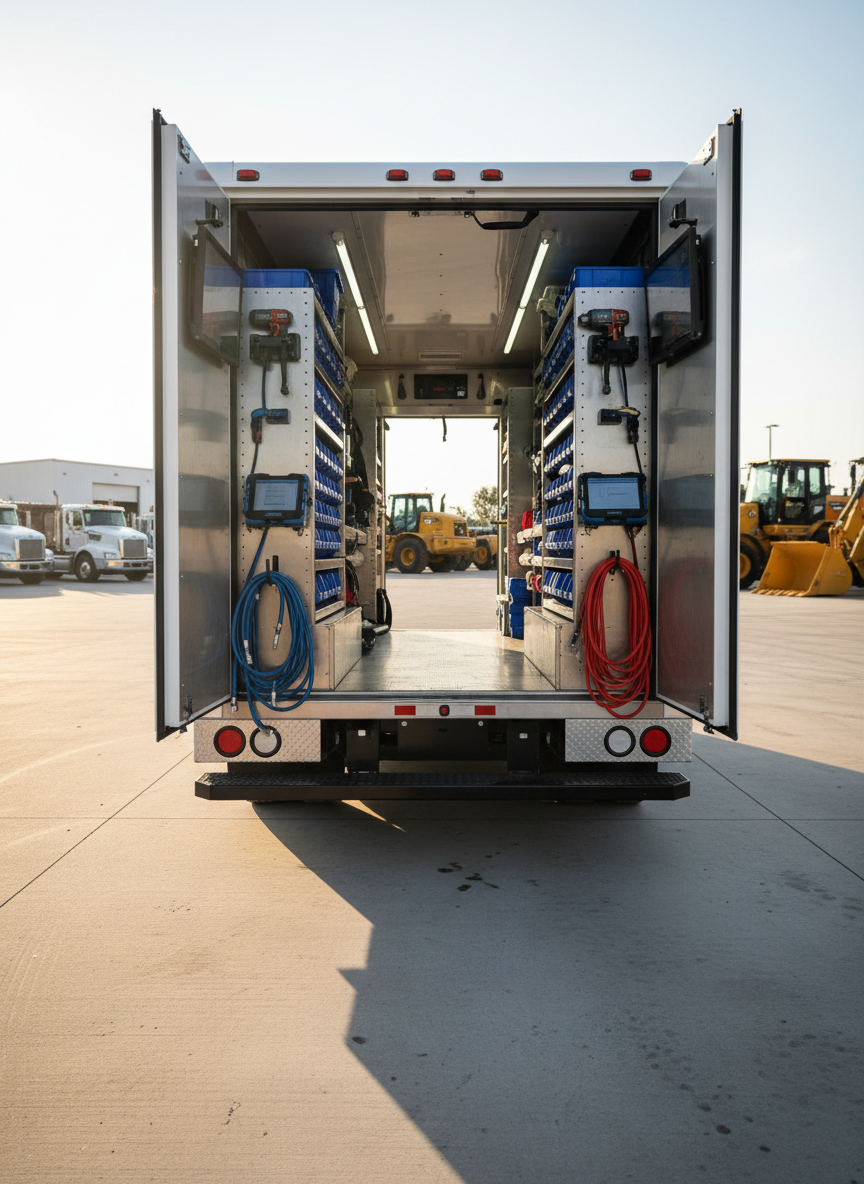 A clean, organized interior of a mobile mechanic truck, photographed from the rear with the doors open, showing custom shelving full of labeled containers, impact wrenches, diagnostic tablets, and heavy-duty hoses designed for diesel, trailer, and heavy equipment service. The vehicle is parked on a level concrete surface in an open Central Florida lot, with a blurred backdrop of trucks and machinery. Bright, even LED strip lighting inside the truck creates a crisp, clinical glow that contrasts with the warm late-afternoon sunlight outside, spilling gently onto the ground. The composition uses leading lines from the shelves toward the center, drawing the eye deeper into the service bay. The mood is highly professional, efficient, and trustworthy, emphasizing mobile capability with no humans or storefronts present.