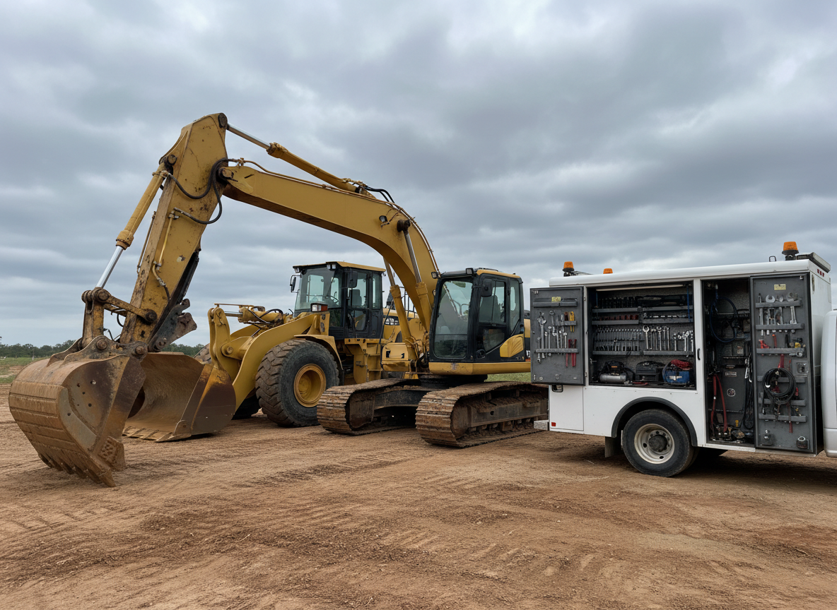 A rugged yellow construction excavator and a large wheeled loader resting on packed dirt at a jobsite, with a discreet white mobile mechanic truck parked alongside them, side doors open to show heavy-duty tools and hydraulic repair equipment. The Central Florida sky is overcast, giving soft, diffused lighting that reduces harsh shadows and highlights the textures of mud, steel tracks, and hydraulic hoses. The camera is positioned at a slightly low angle, creating a sense of scale and capability, with the service truck framed on the rule of thirds line for balance. The atmosphere feels dependable and ready around-the-clock, emphasizing on-site heavy machinery repair. Photographic realism, with natural colors and crisp detail throughout, and no humans or branding in view.