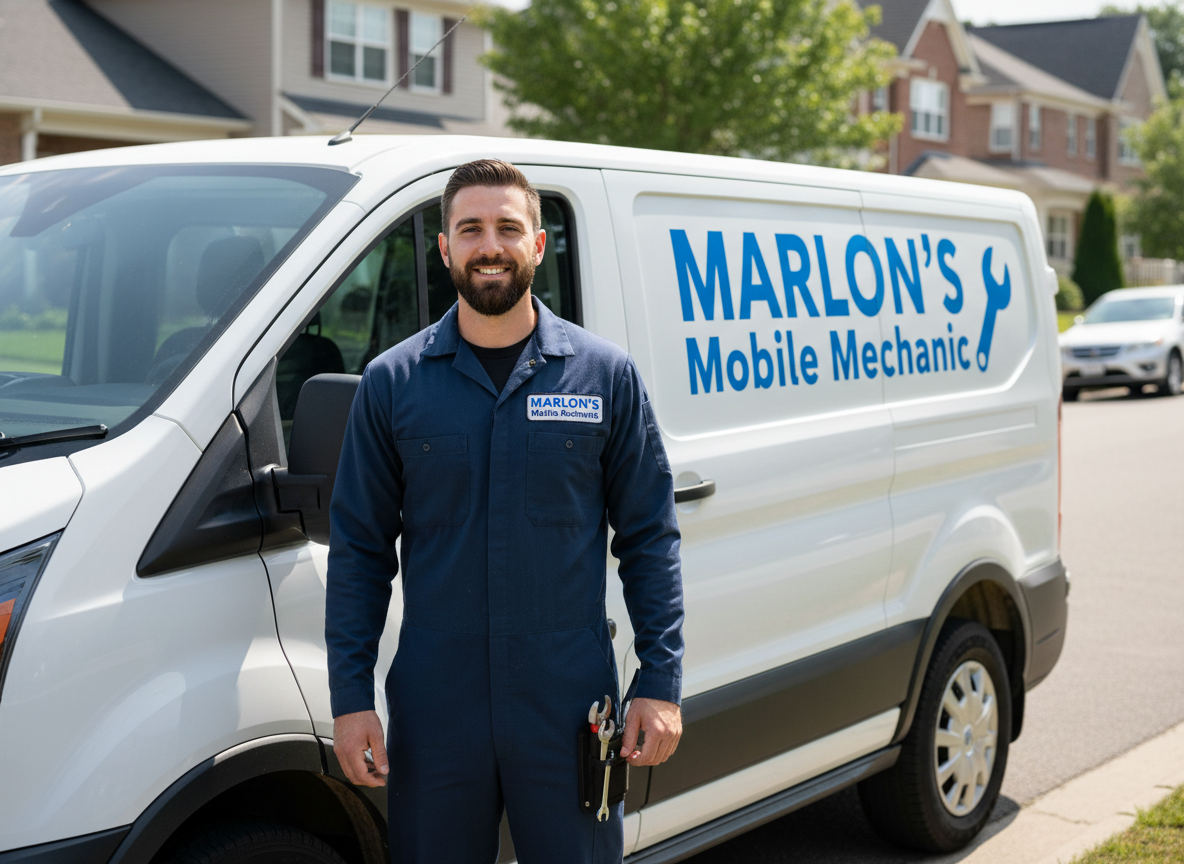Male mechanic standing next to a Marlon's Mobile Mechanic van