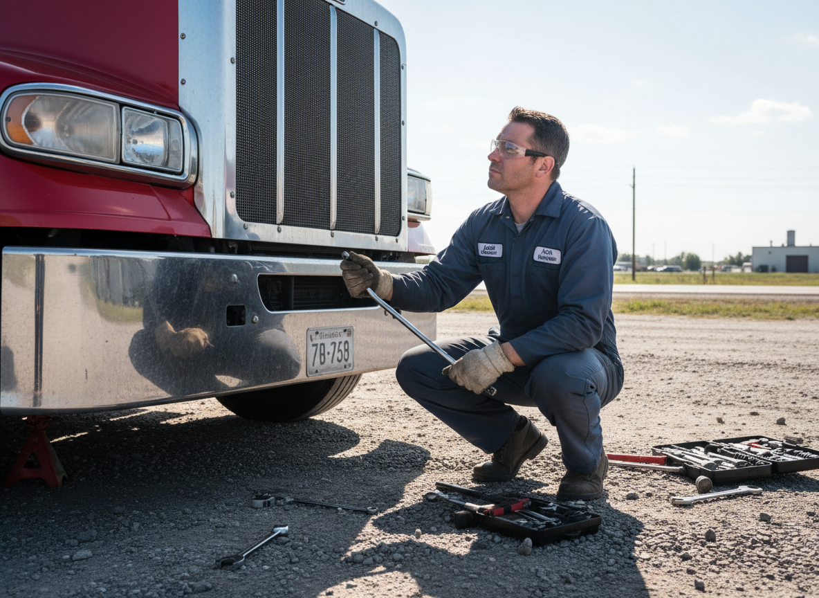 Male mechanic working on a tractor trailer